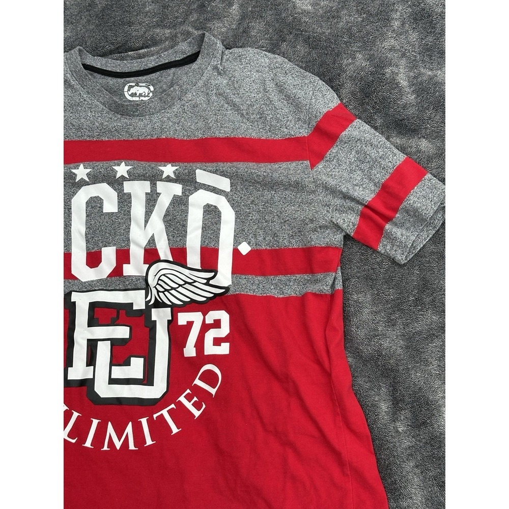 Ecko Unltd Mens Graphic T-Shirt Red Gray Striped FU Logo Y2K Streetwear 1972 - Picture 4 of 13